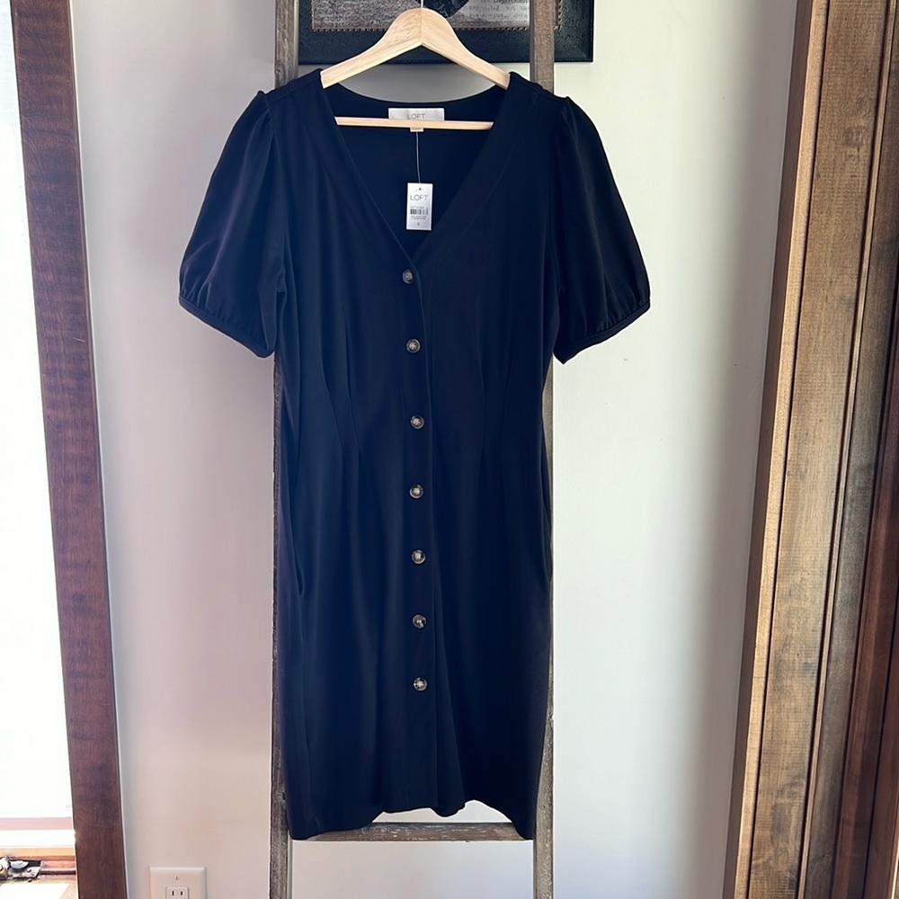 Loft Short Sleeve Buttoned Down Black Dress